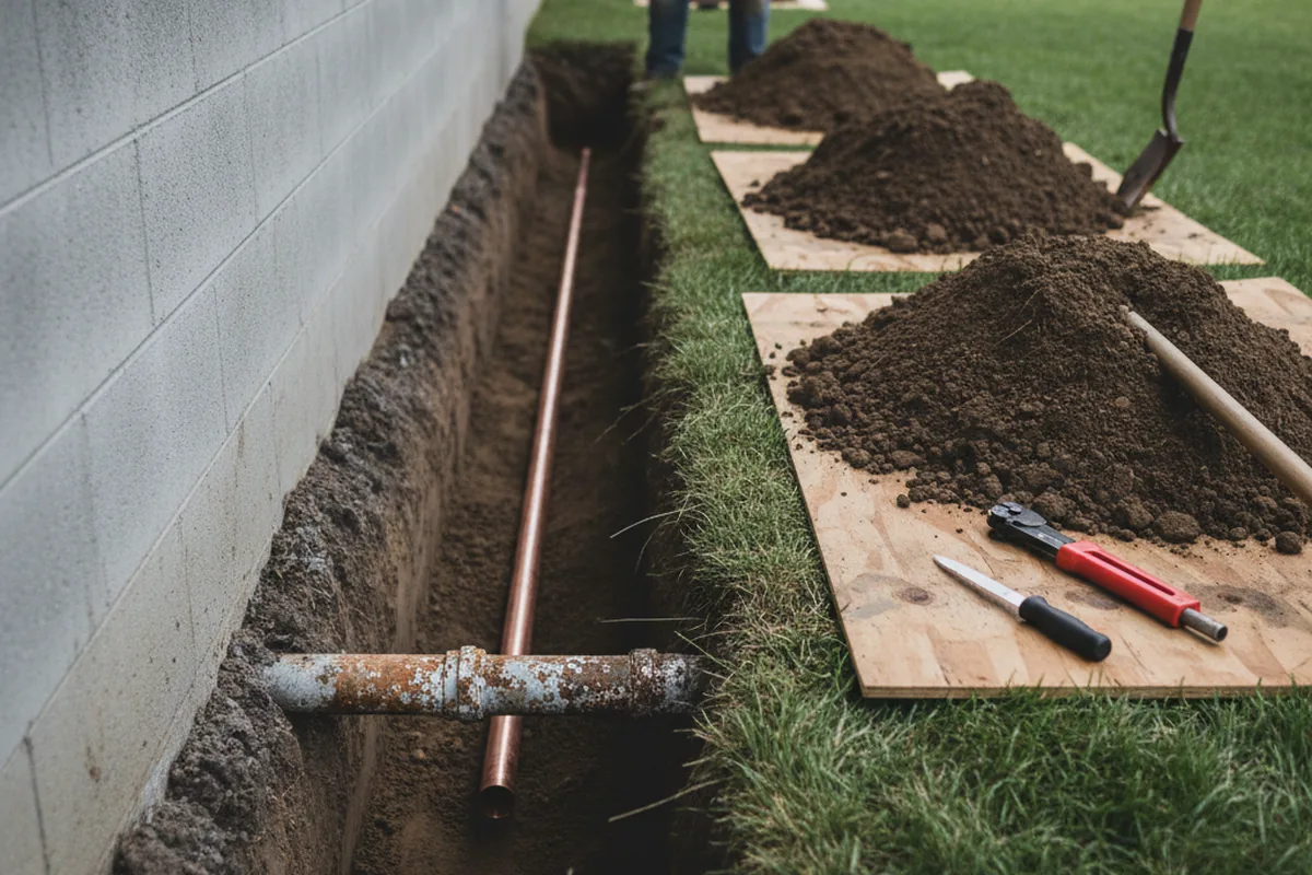 Excavated water line trench during Water Heater Repair in East Jewett
